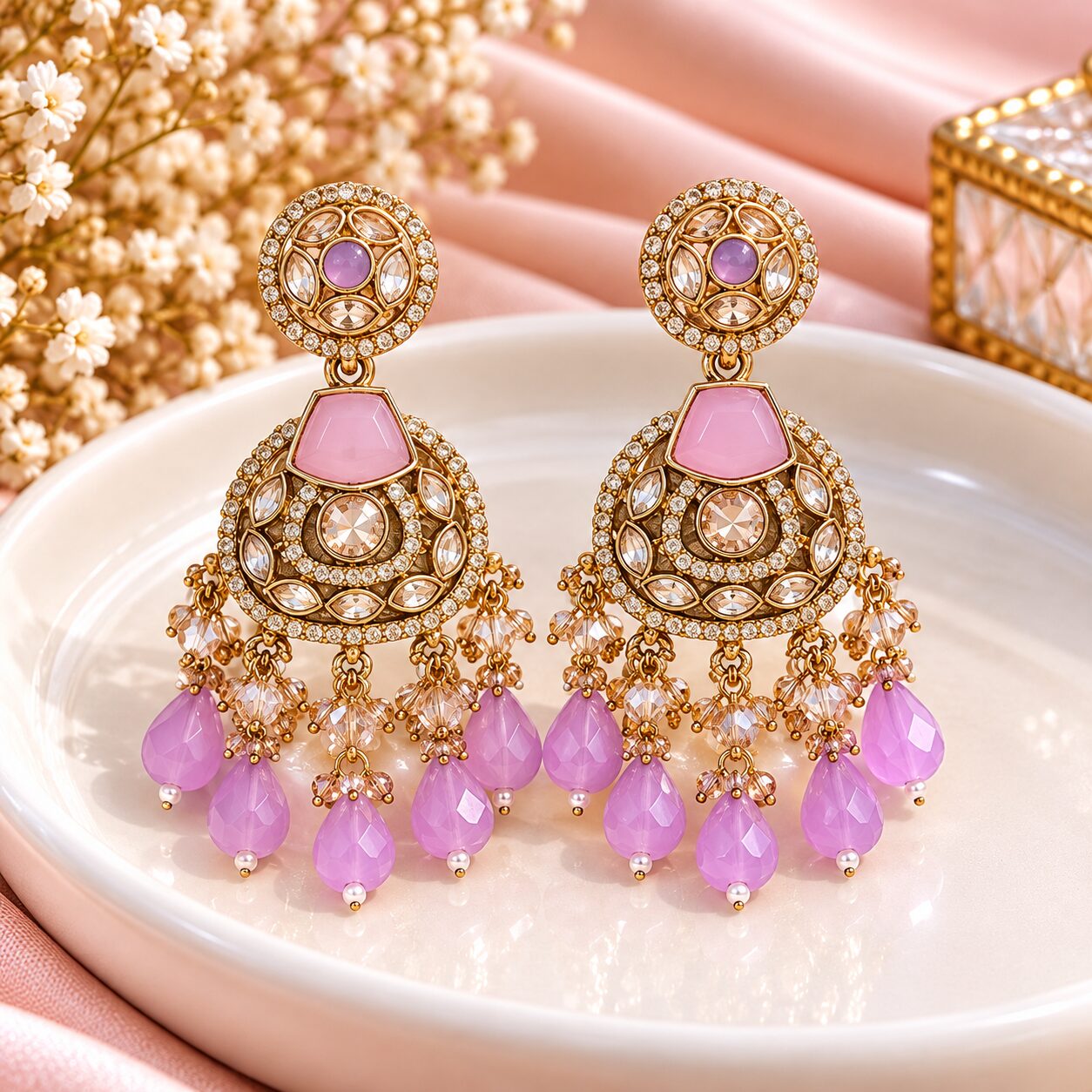 2026/10/1003582526.jpg Elegant Lavender Stone Kundan Jhumka Earrings - Image 1