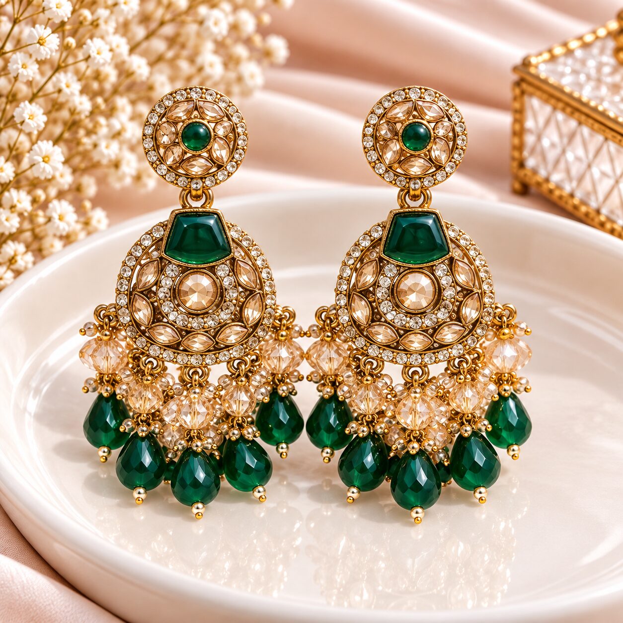 2026/10/1003582532-1.jpg Elegant Green Stone Gold-Tone Designer Jhumka Earrings - Image 1