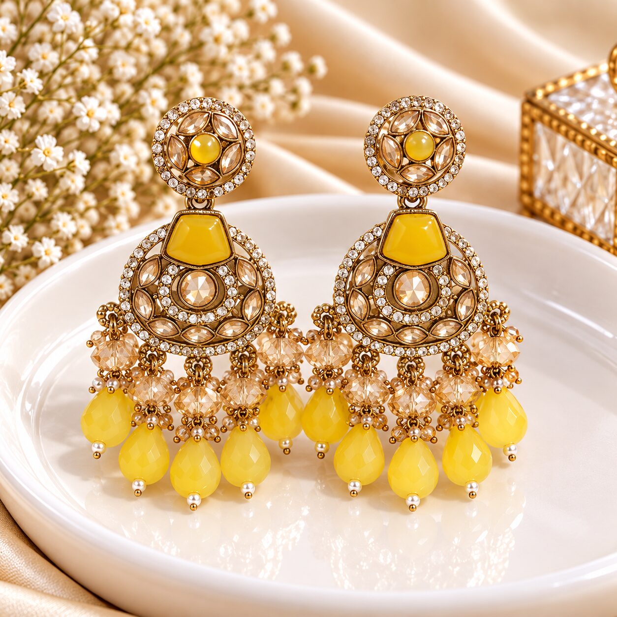 2026/10/1003582535.jpg Elegant Yellw Stone Gold-Tone Designer Jhumka Earrings - Image 1
