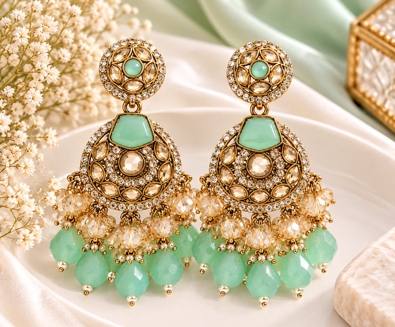 2026/10/1003582537.jpg Mint Green Crystal Designer Jhumka Earrings - Image 1