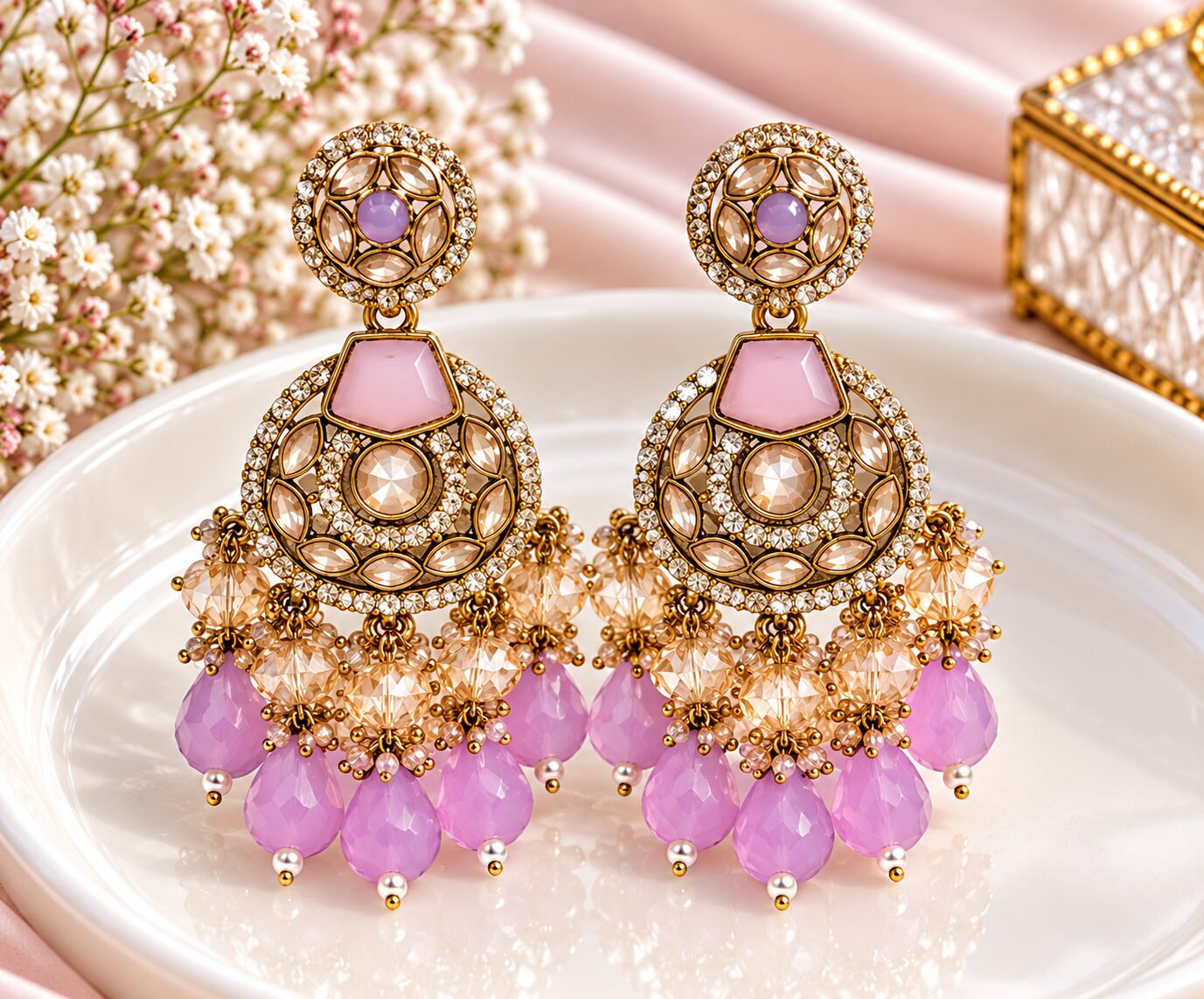 2026/10/1003582540.jpg Pink Crystal Designer Chandelier Earrings - Image 1
