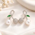 Silver-Tone Green Leaf Cherry Pearl Drop Earrings with Crystal Embellishments – Korean Fashion Jewellery