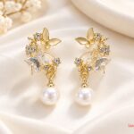 Gold-Plated Butterfly Crystal Pearl Drop Earrings – Elegant Korean Floral Fashion Jewellery