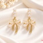 Gold-Plated Pearl Bow Drop Earrings with Translucent Floral Design – Elegant Korean Fashion Jewellery |
