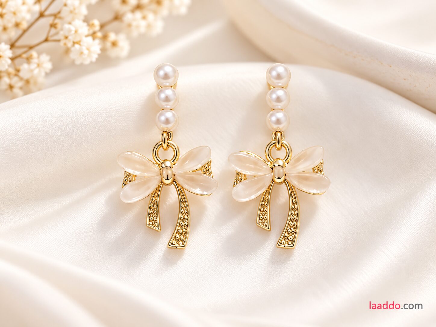 2026/10/1003582588.jpg Gold-Plated Pearl Bow Drop Earrings with Translucent Floral Design – Elegant Korean Fashion Jewellery | - Image 1