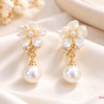 Gold-Plated White Flower Pearl Drop Earrings with Crystal Accents – Elegant Korean Fashion Jewellery for Women