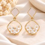 Gold-Plated Floral Pearl Drop Earrings with Geometric Hoop Design – Elegant Korean Fashion Jewellery |
