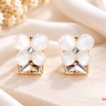 White Flower Crystal Stud Earrings with Square Gemstone Detail – Elegant Korean Fashion Jewellery for Women |