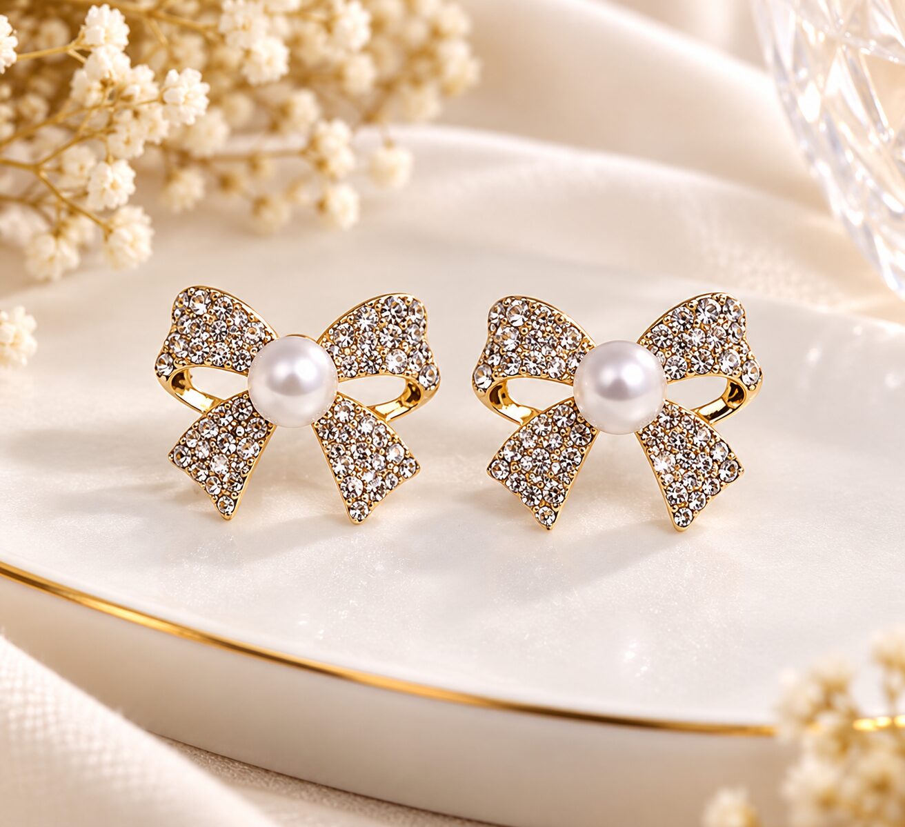 2026/10/1003582601.jpg SEO Product Title: Gold-Tone Crystal Bow Pearl Stud Earrings for Women | Elegant Korean Fashion Jewellery – LAADDO.com - Image 1