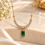 Gold Plated Green Emerald Pendant Necklace with Crystal Stone Detailing for Women | Elegant Fashion Jewellery