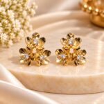 Gold Plated Triple Floral Crystal Stud Earrings for Women | Elegant Korean Style Fashion Jewellery