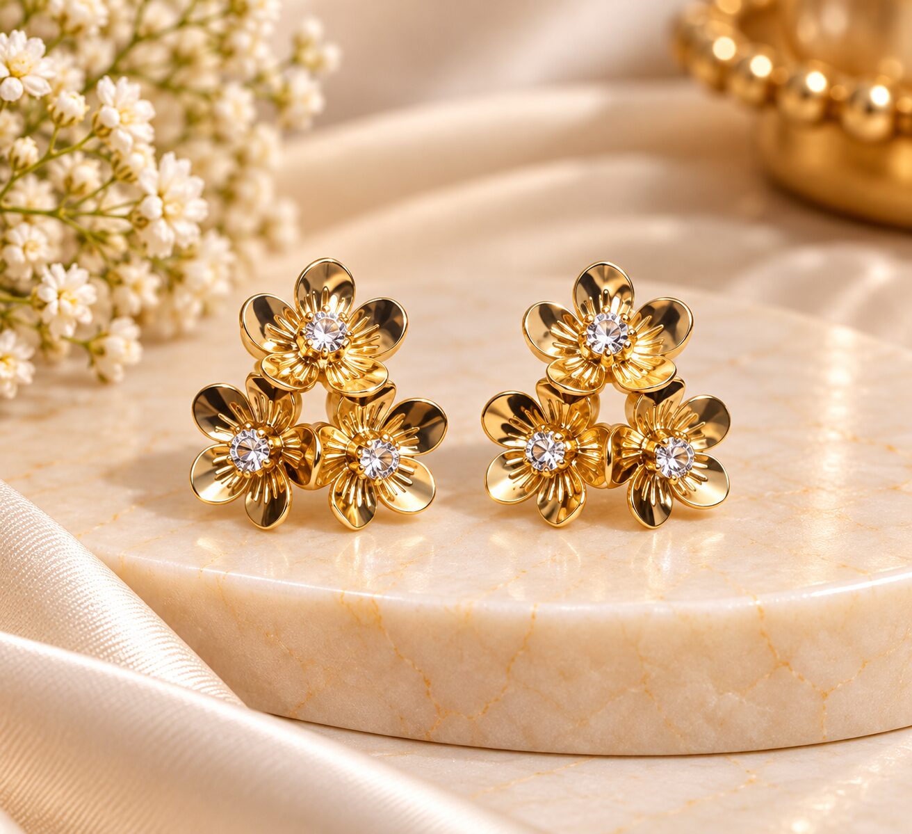 2026/10/1003582628.jpg Gold Plated Triple Floral Crystal Stud Earrings for Women | Elegant Korean Style Fashion Jewellery - Image 1