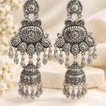 Oxidised Silver Floral Antique Jhumka Earrings with Dangling Beads | Traditional Indian Ethnic Jewellery