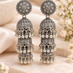 Oxidised Silver Long Triple Layer Jhumka Earrings with Floral Studs & Ghungroo Beads | Traditional Ethnic Jewellery