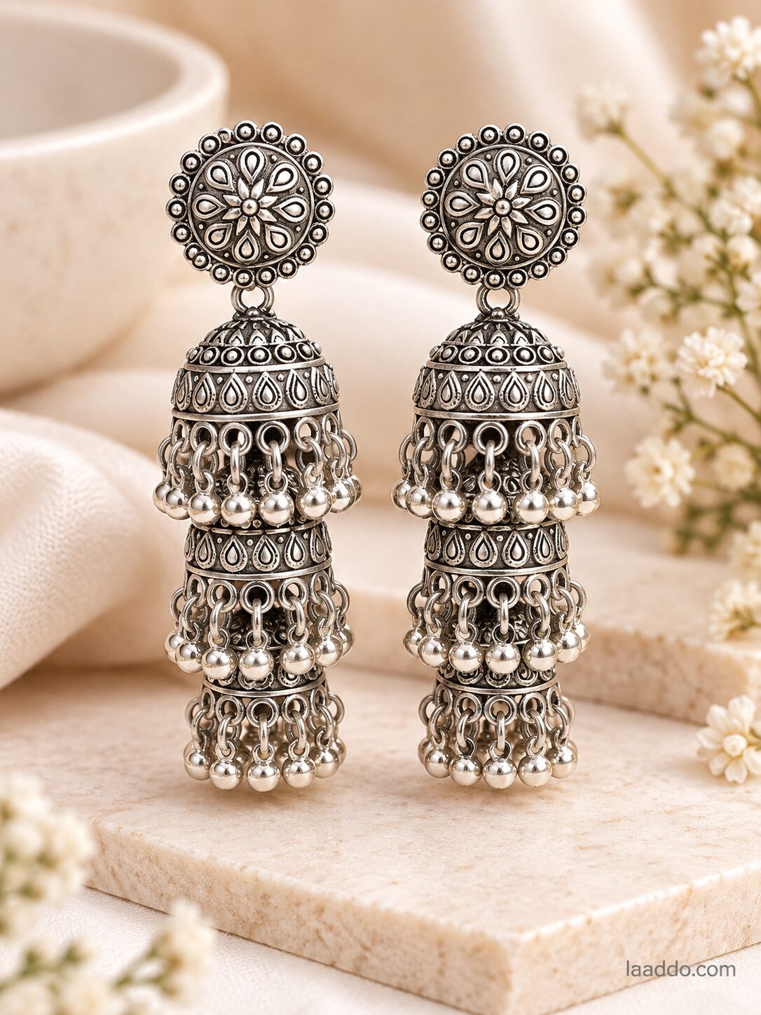 2026/10/1003582647.jpg Oxidised Silver Long Triple Layer Jhumka Earrings with Floral Studs & Ghungroo Beads | Traditional Ethnic Jewellery - Image 1