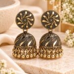 Antique Gold Spiral Design Jhumka Earrings with Beaded Fringe | Traditional Ethnic Jewellery