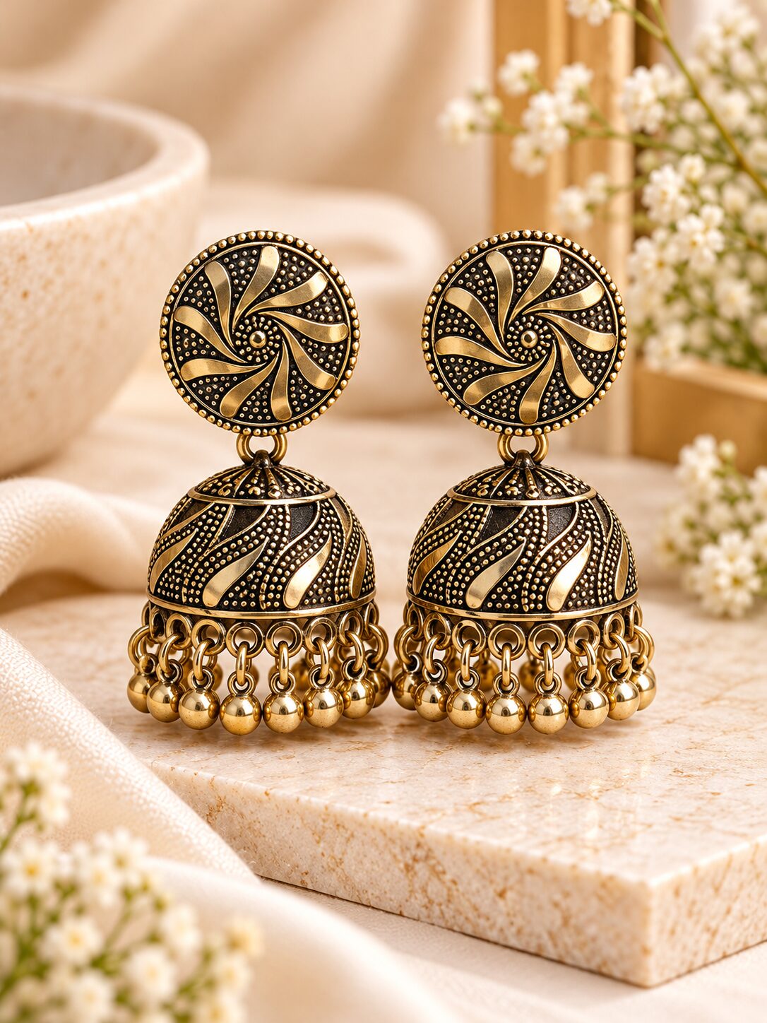 2026/10/1003582649.jpg Antique Gold Spiral Design Jhumka Earrings with Beaded Fringe | Traditional Ethnic Jewellery - Image 1