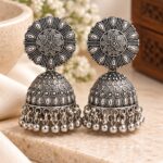 Oxidised Silver Floral Round Stud Jhumka Earrings with Ghungroo Beads | Traditional Ethnic Jewellery