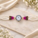 Elegant Multicolor Pearl Beaded Bracelet Watch for Women – Pink & White Designer Fashion Watch