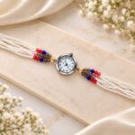 Elegant Multicolor Pearl Beaded Bracelet Watch for Women – Red & Blue Designer Fashion Watch