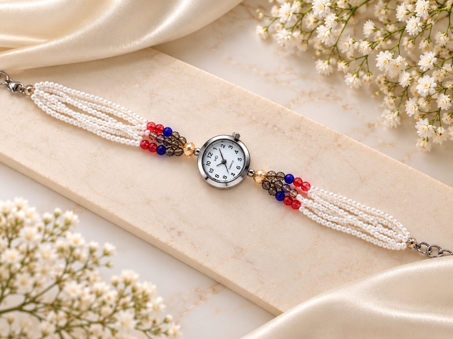 2026/10/1003582658.jpg Elegant Multicolor Pearl Beaded Bracelet Watch for Women – Red & Blue Designer Fashion Watch - Image 1