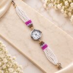 Elegant White Pearl Beaded Bracelet Watch for Women – Pink & Lavender Multicolor Designer Fashion Watch