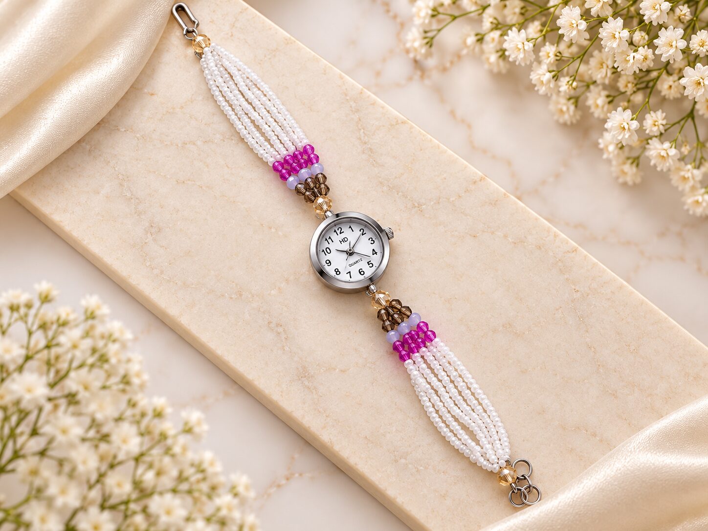 2026/10/1003582660-1.jpg Elegant White Pearl Beaded Bracelet Watch for Women – Pink & Lavender Multicolor Designer Fashion Watch - Image 1