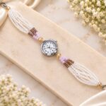 Elegant White Pearl Beaded Bracelet Watch for Women – Blush Pink & Smoky Brown Designer Fashion Watch