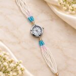 Elegant Pearl Beaded Bracelet Watch for Women – White, Aqua Blue & Baby Pink Multicolor Fashion Watch