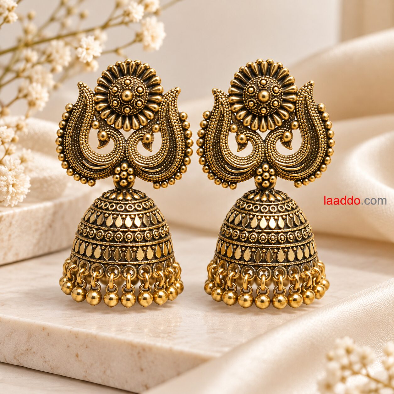 2026/10/1003582677.jpg Antique Gold Floral Filigree Jhumka Earrings for Women – Traditional Ethnic Jewellery - Image 1