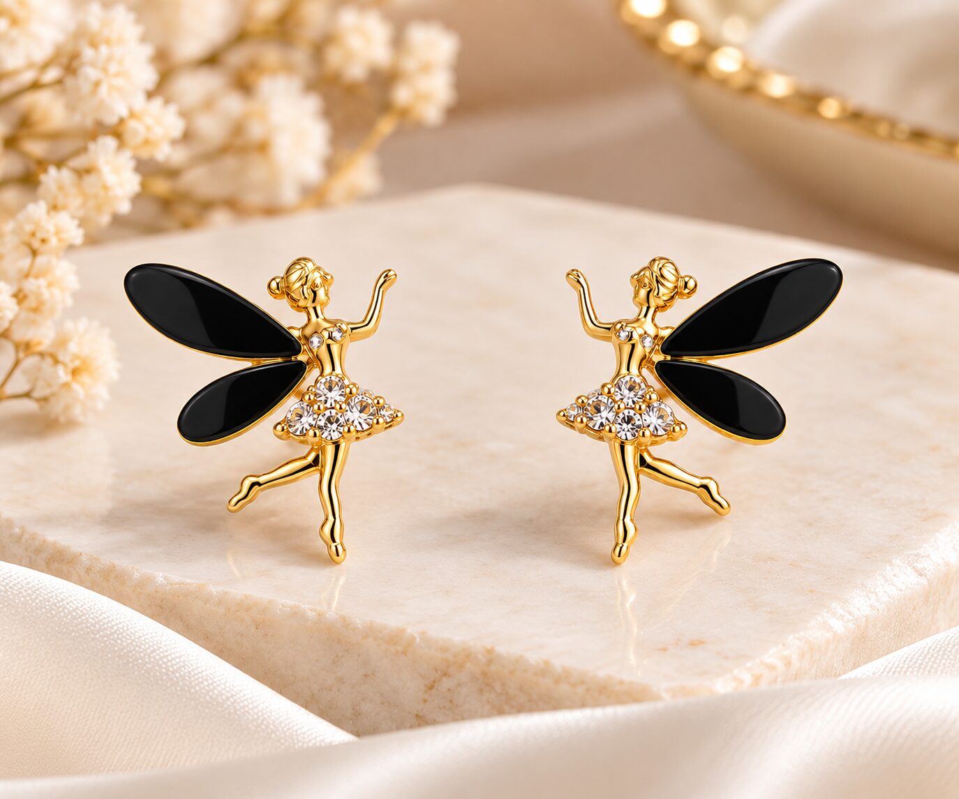 2026/10/1003582692.jpg Elegant Gold Fairy Black Wing Crystal Stud Earrings for Women – Korean Fashion Jewellery - Image 1