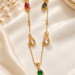 Multicolor Crystal Teardrop Pendant Necklace Set with Matching Earrings – Elegant Gold Jewellery for Women