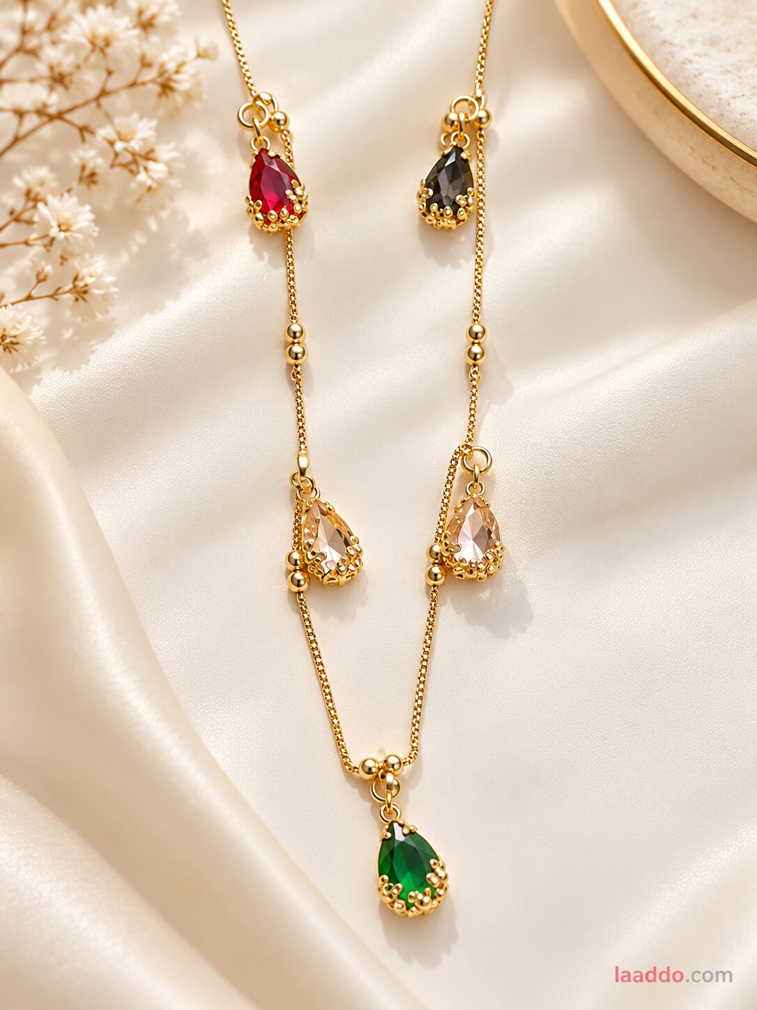 2026/10/1003582705.jpg Multicolor Crystal Teardrop Pendant Necklace Set with Matching Earrings – Elegant Gold Jewellery for Women - Image 1