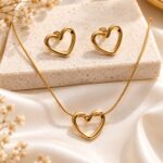 Gold-Plated Stainless Steel Heart Pendant Necklace Set with Matching Heart Stud Earrings for Women
