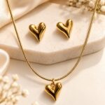 Gold-Tone Puffy Heart Necklace & Matching Stud Earrings Set | Elegant Stainless Steel Jewellery