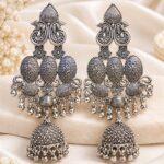 Oxidized Silver Traditional Long Jhumka Earrings with Intricate Floral & Peacock Design