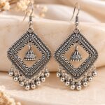 Oxidized Silver Geometric Jhumka Earrings with Intricate Diamond Frame & Hanging Beads