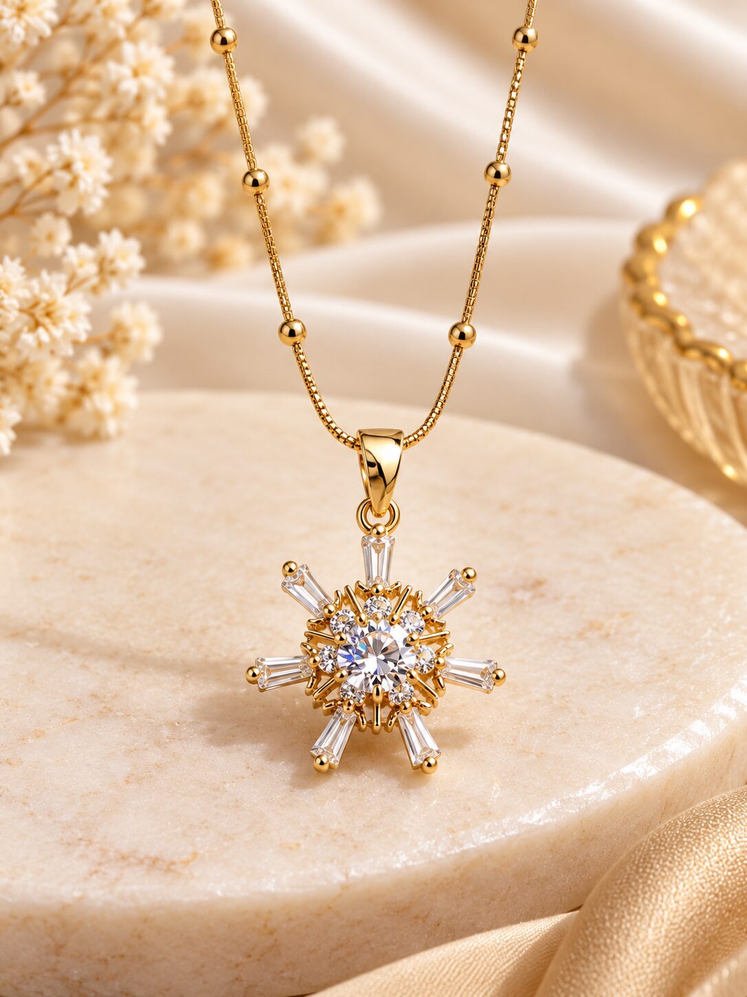 2026/10/1003582719.jpg Gold Plated Crystal Starburst Pendant Necklace with Elegant Beaded Chain for Women - Image 1