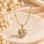 Gold Plated Heart Pendant Necklace with Sparkling Crystal Stone & Beaded Chain for Women
