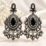 Oxidized Silver Black Stone Traditional Jhumka Earrings for Women | LAADDO.com
