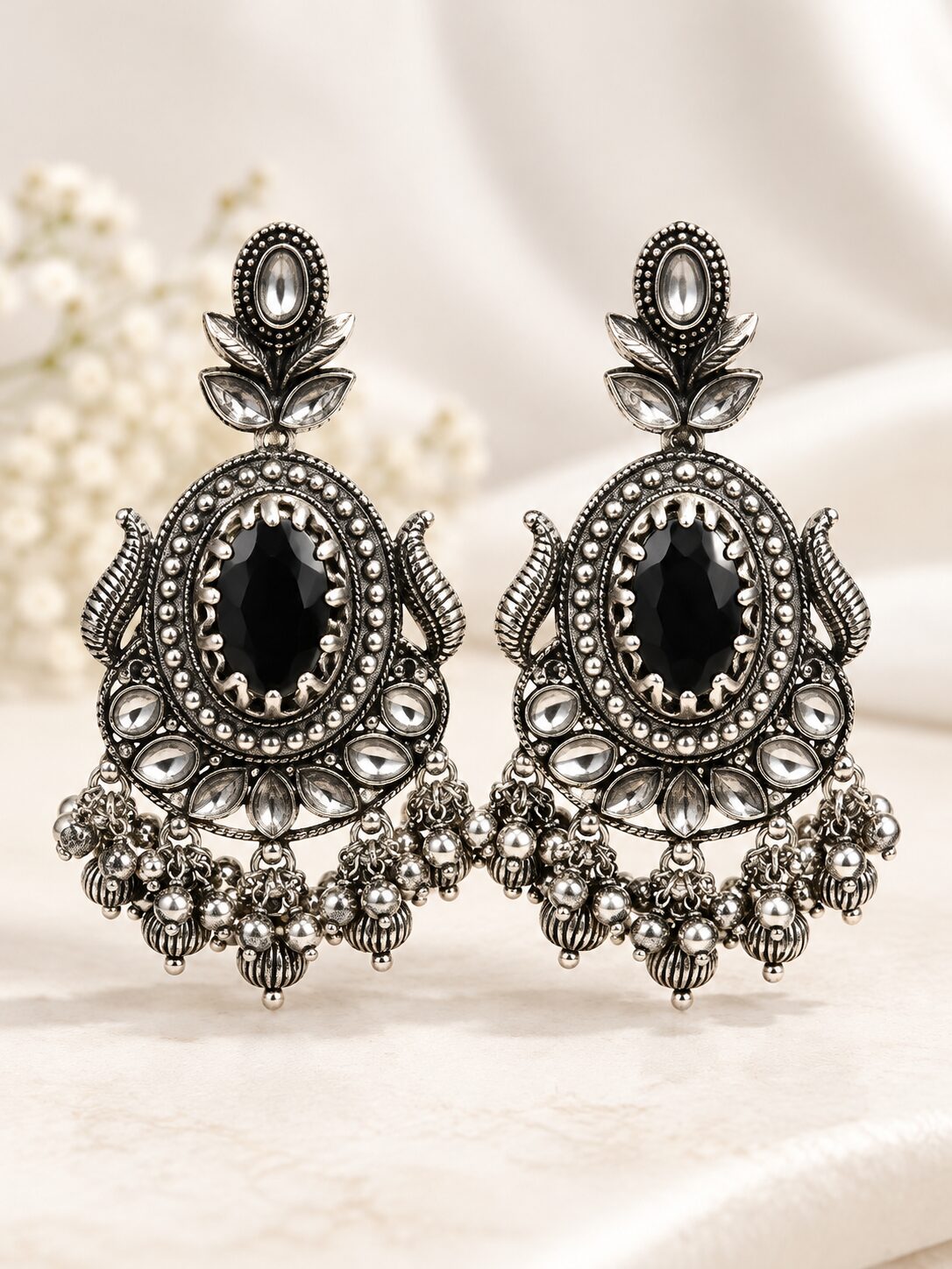 2026/10/1003582729.jpg Oxidized Silver Black Stone Traditional Jhumka Earrings for Women | LAADDO.com - Image 1