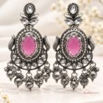 Pink Stone Oxidized Silver Traditional Jhumka Earrings for Women |