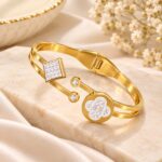 Premium Golden Clover & Crystal Diamond Open Cuff Bracelet for Women | Elegant Gold-Tone Fashion Jewellery