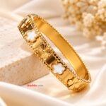 Gold Plated Floral Black Enamel Designer Kada Bracelet for Women – White Clover Pattern