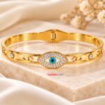 Gold Plated Evil Eye Crystal Kada Bracelet for Women – Blue Nazar Design with Rhinestone Detailing