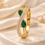 Gold Plated Green Emerald Stone AD Kada Bracelet with Double CZ Crossover Design