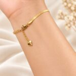 Elegant Golden Herringbone Bracelet with Heart Charm | Premium Minimalist Wrist Jewellery