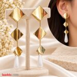 Premium Golden Geometric Long Earrings with White Pearl Drop | Elegant Statement Fashion Jewellery