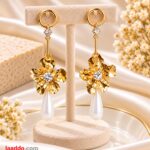 Elegant Golden Floral Drop Earrings with White Pearl Teardrop | Premium Party Wear Jewellery for Women
