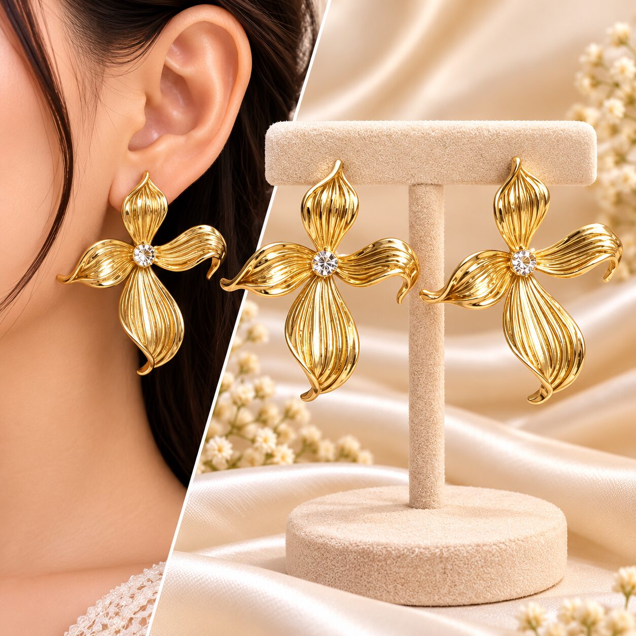 2026/10/1003582860.jpg Premium Gold-Tone Floral Crystal Stud Earrings for Women – Elegant Party Wear & Western Jewellery - Image 1
